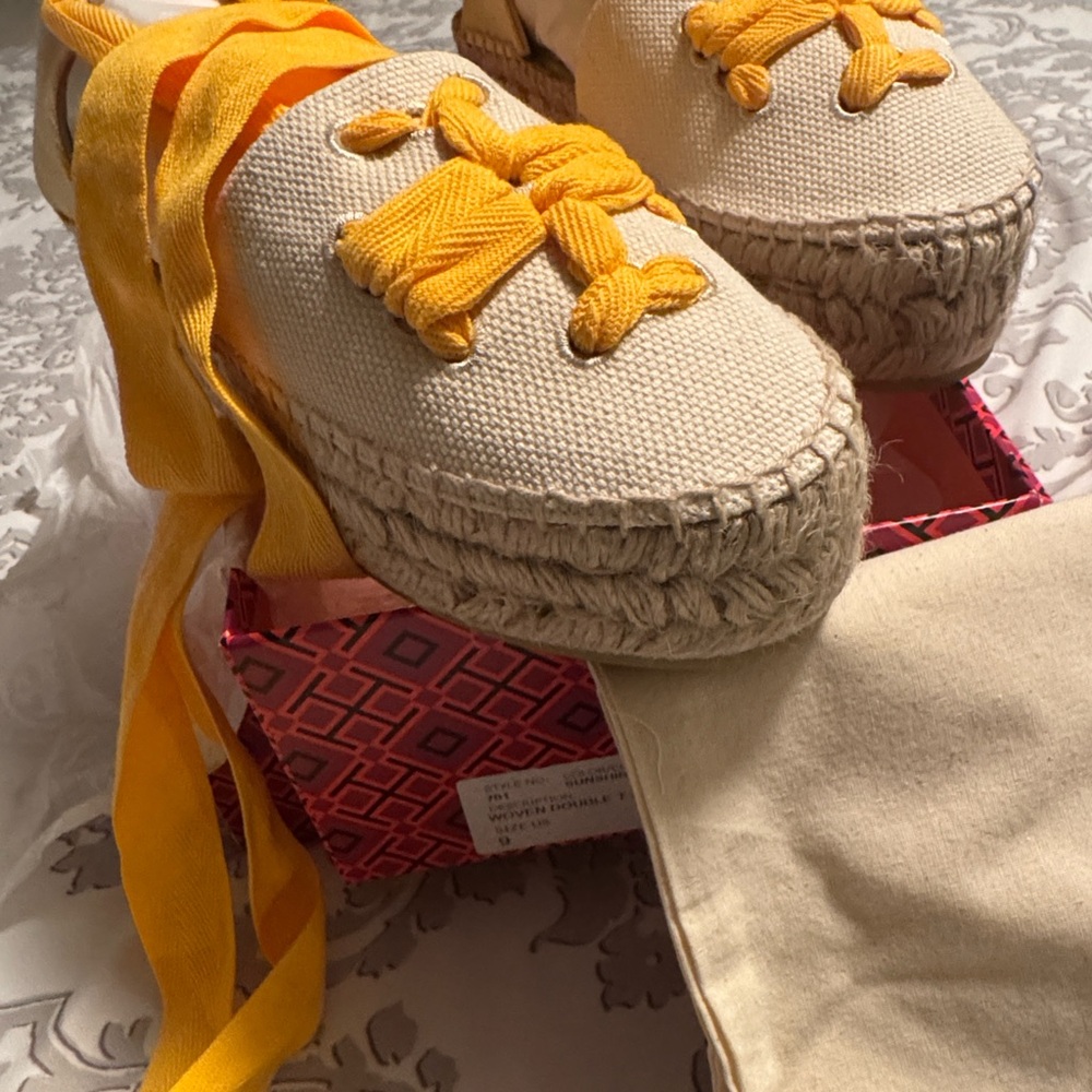 Tory Burch Cream Espadrilles with Yellow Laces